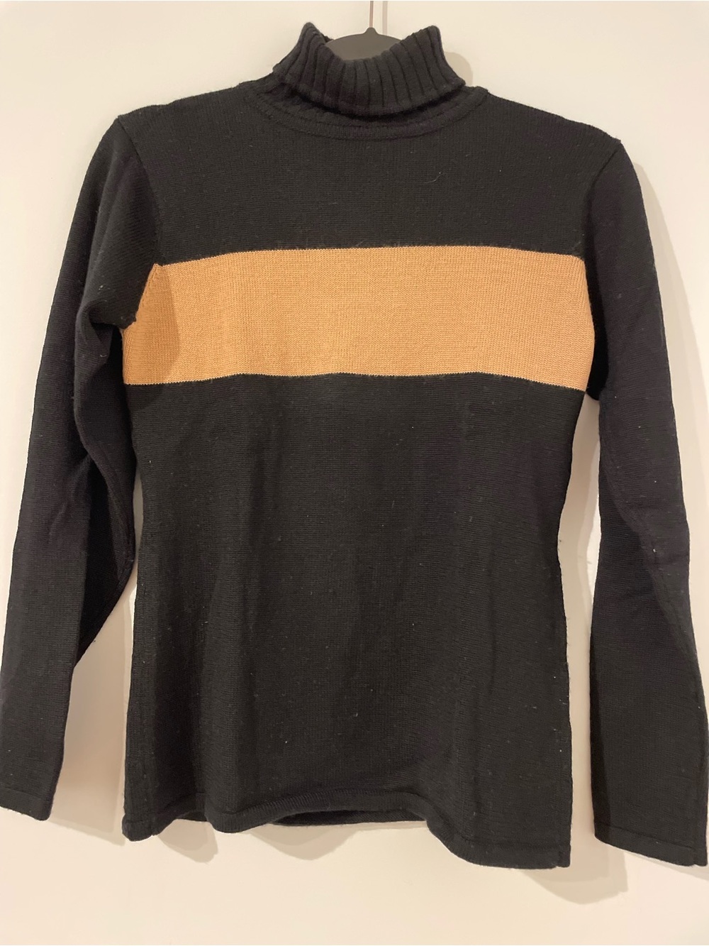 Club Monaco Women’s Black Turtleneck Sweater with Camel Chest Stripe